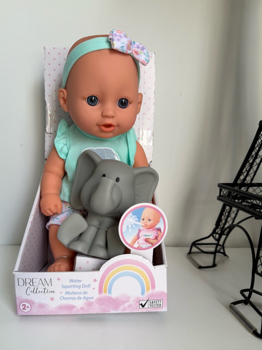 Water Squirting Baby Doll in Mint Outfit with Gray Elephant Toy